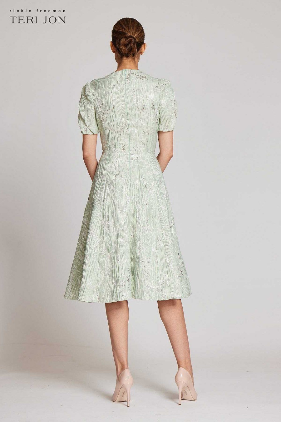 Clothing Teri Jon | Metallic Pattern Jacquard Fit N Flare Pleated Sleeve Dress Seafoam