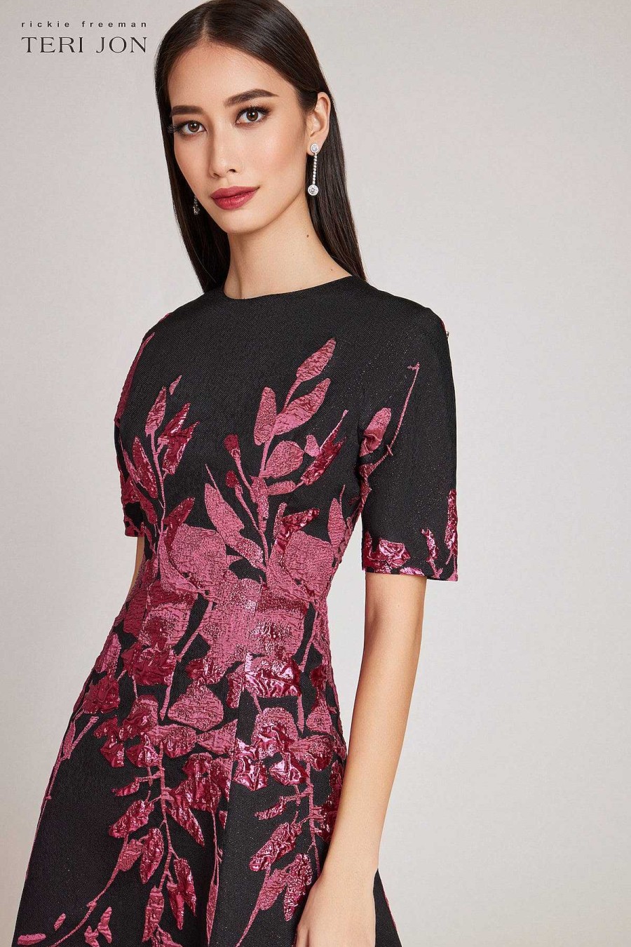 Clothing Teri Jon | Metallic Jacquard Border Pattern Fit N Flare Dress Black Fuchsia