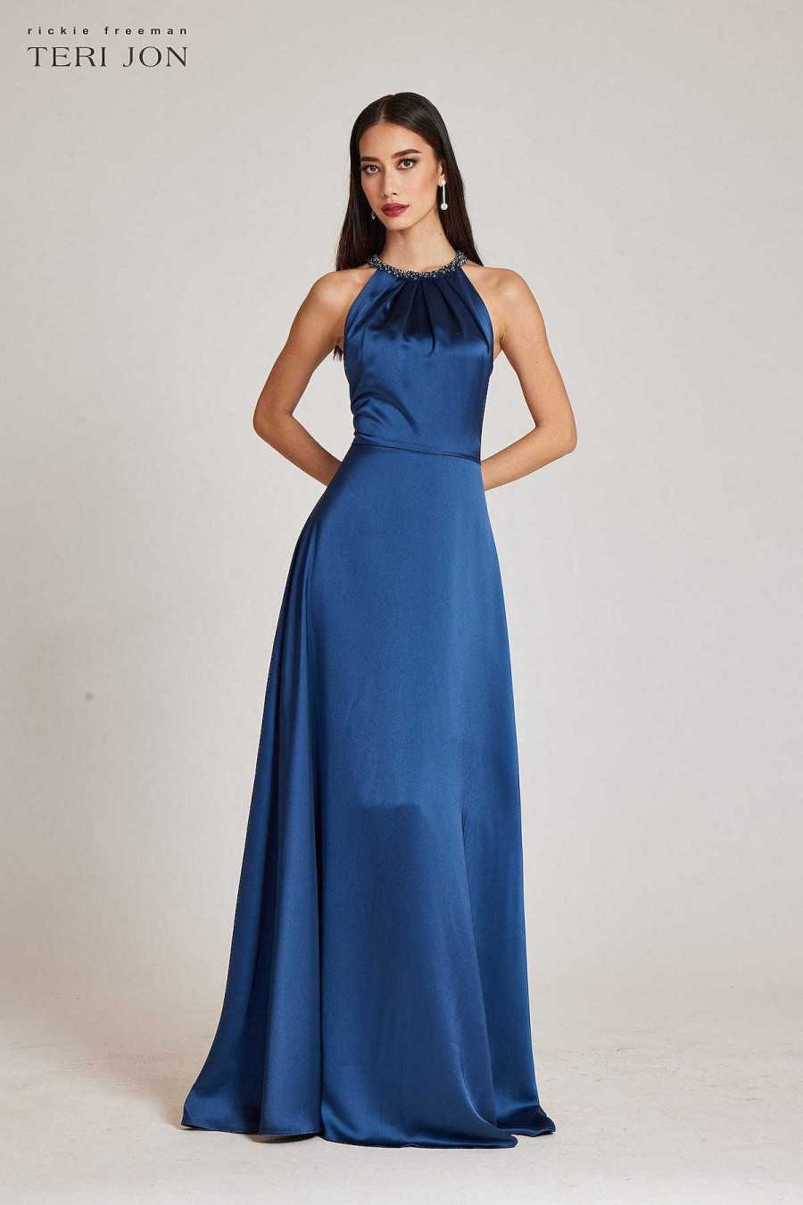 Clothing Teri Jon | Crepe Back Satin Jewel Neck Halter Gown French Blue