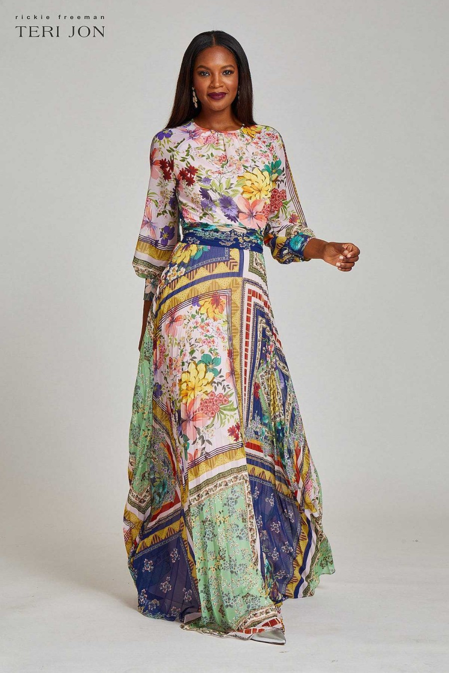 Clothing Teri Jon | Print Chiffon Pleat Skirt Maxi Gown Navy Multi