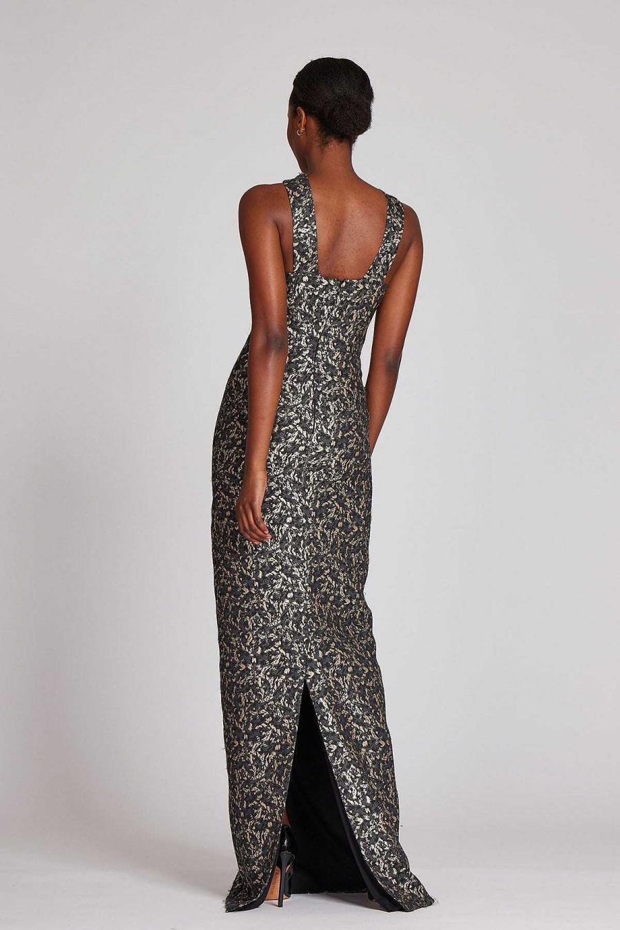 Clothing Teri Jon | Jacquard Column Gown Navy Gold