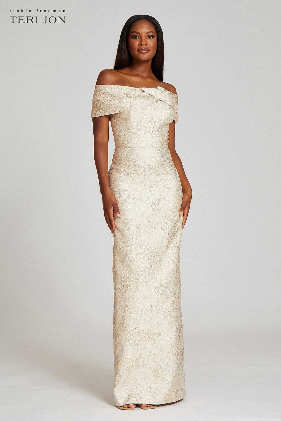 Clothing Teri Jon | Jacquard Off Shoulder Portrait Column Gown