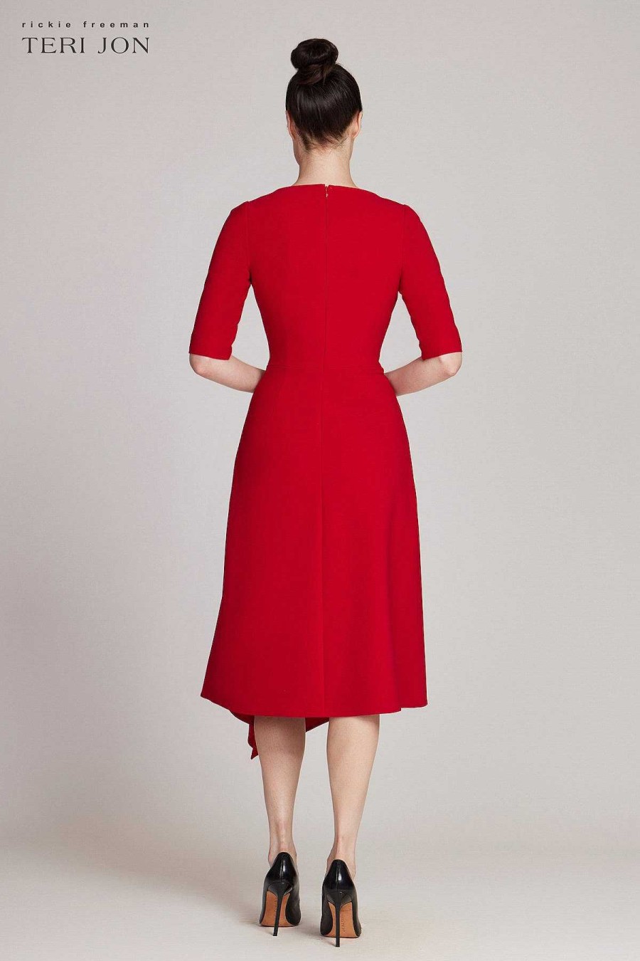 Clothing Teri Jon | Asymmetrical Crepe Dress With Elbow Sleeve Red