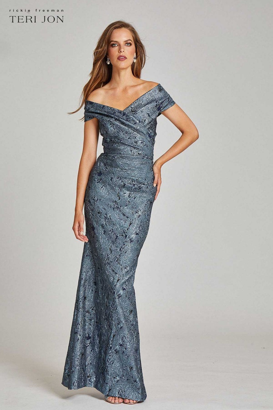 Clothing Teri Jon | Stretch Metallic Jacquard Off The Shoulder Gown