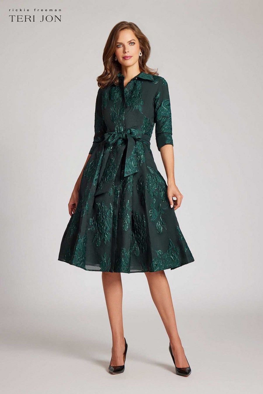 Clothing Teri Jon | Metallic Jacquard Shirt Dress With Floral Print