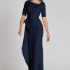 Clothing Teri Jon | Elbow Sleeve Stretch Crepe Draped Gown