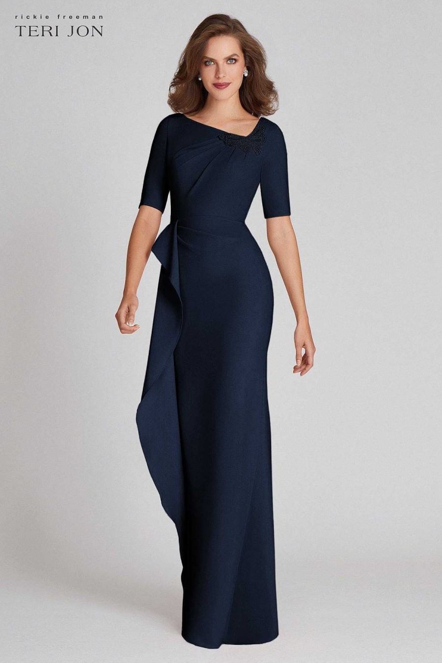 Clothing Teri Jon | Elbow Sleeve Stretch Crepe Draped Gown