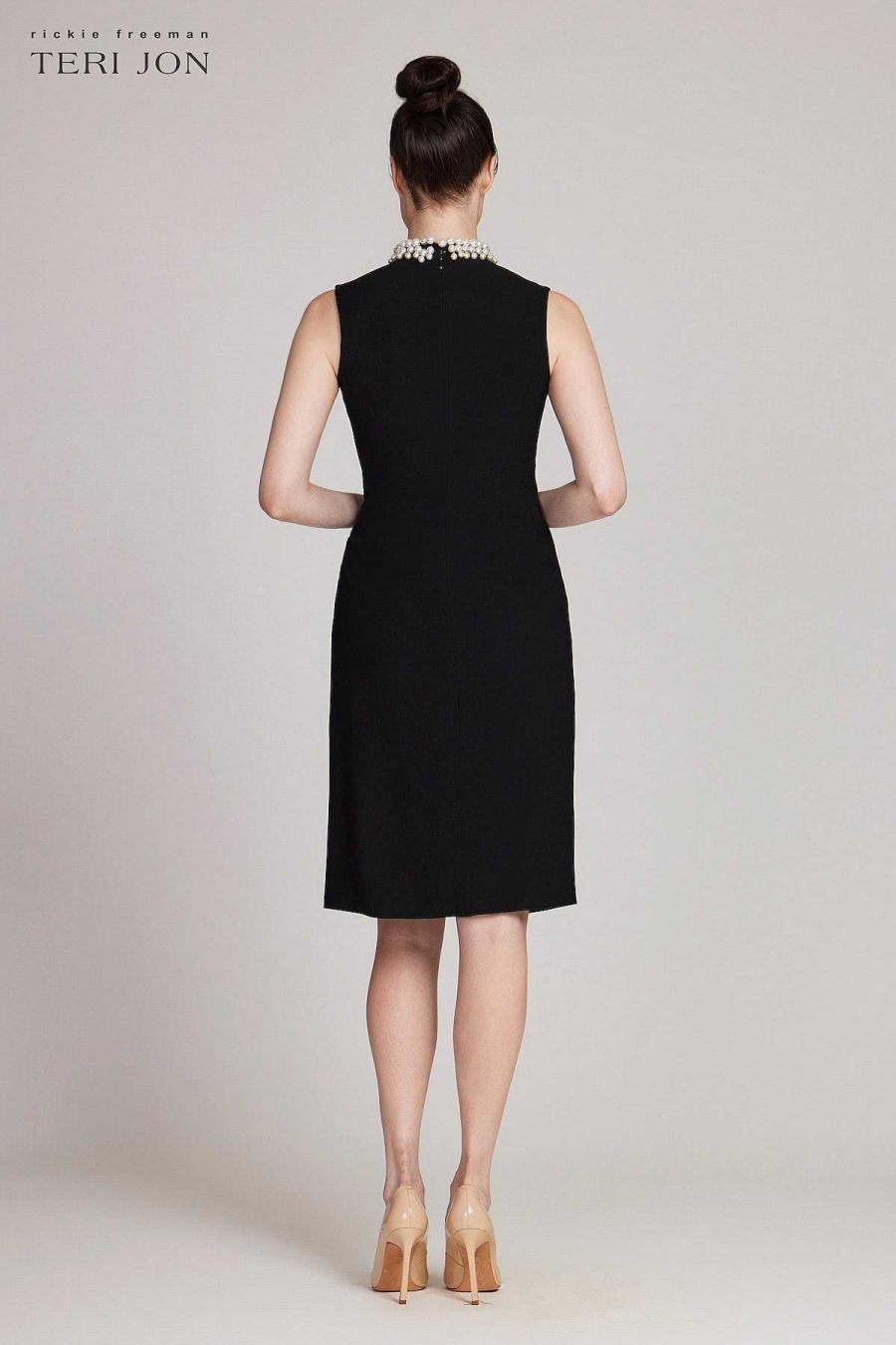 Clothing Teri Jon | Pearl Trim Crepe Side Draped Dress Black