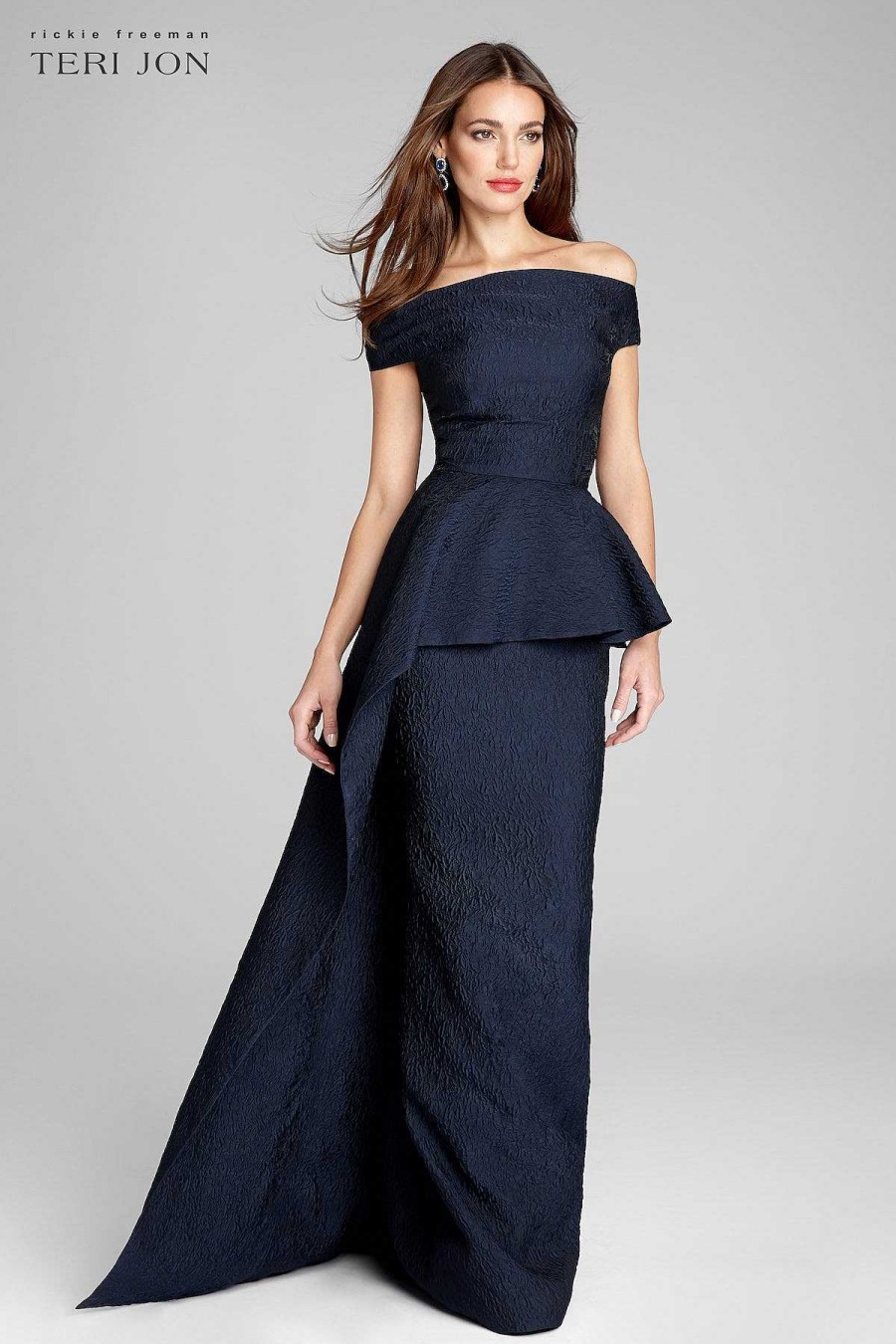 Clothing Teri Jon | Jacquard Off Shoulder Side Drape Overlay Gown