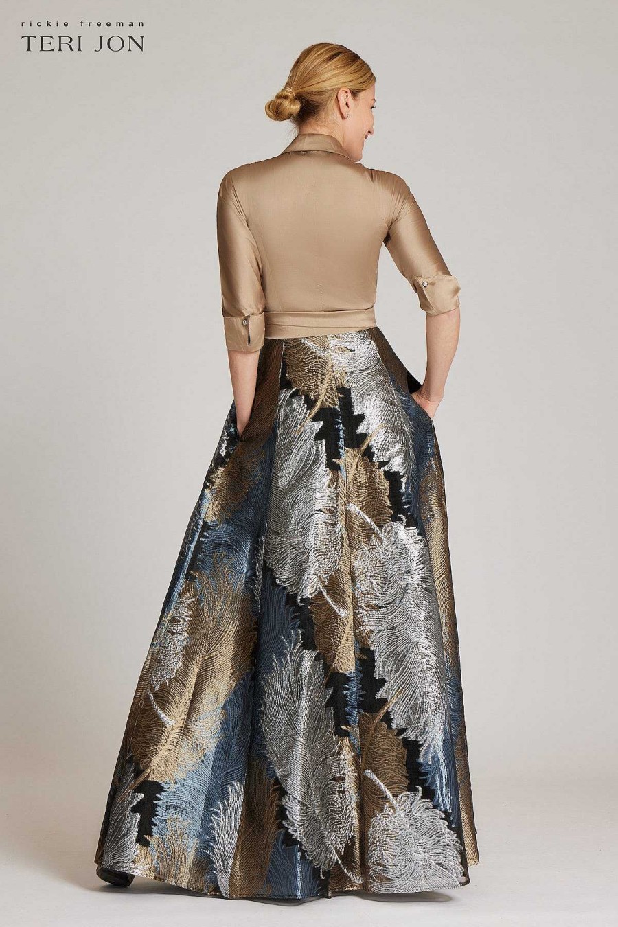 Clothing Teri Jon | Taffeta Shirt Gown With Feather Pattern Gold Multi