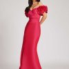 Clothing Teri Jon | Taffeta Ruffle Off Shoulder Gown With Godet Cherry