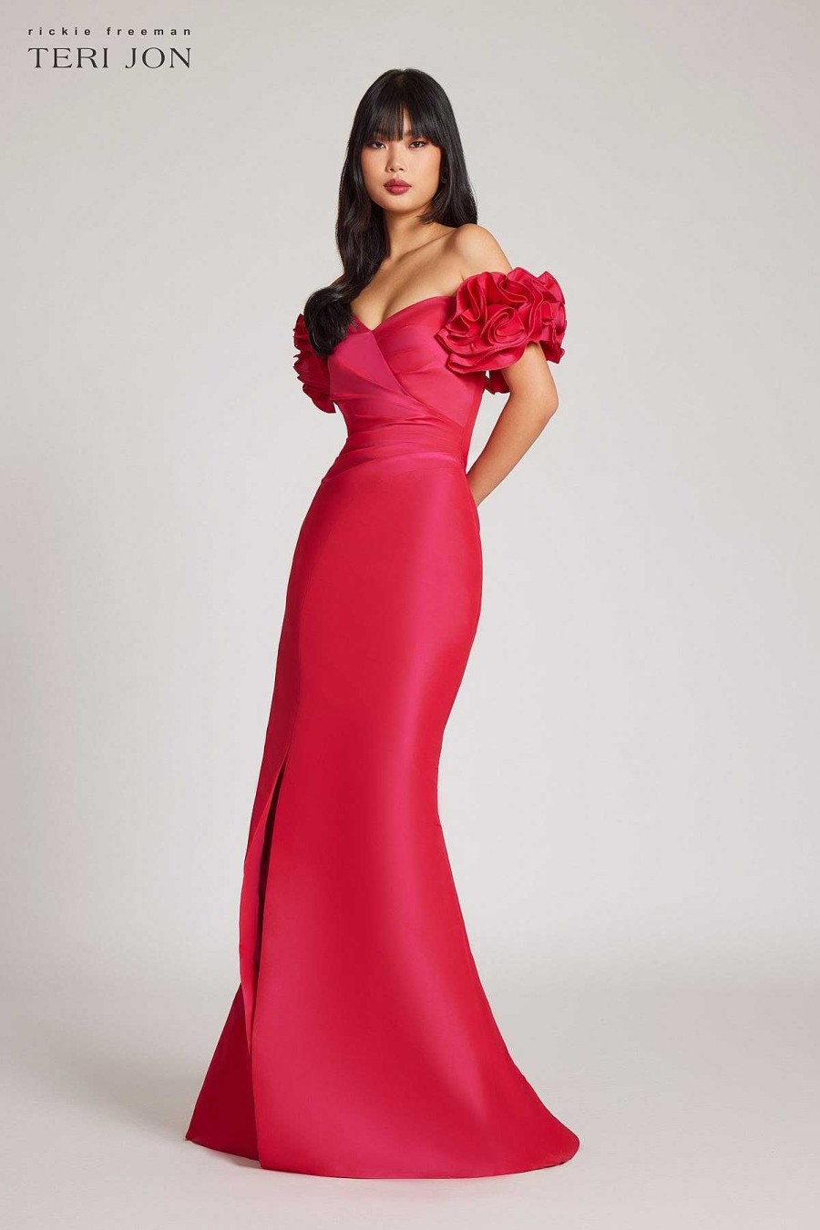 Clothing Teri Jon | Taffeta Ruffle Off Shoulder Gown With Godet Cherry