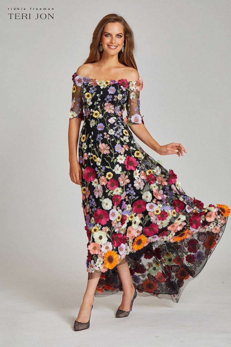 Clothing Teri Jon | Off The Shoulder Floral Appliqued Lace High Low Dress Black Multi