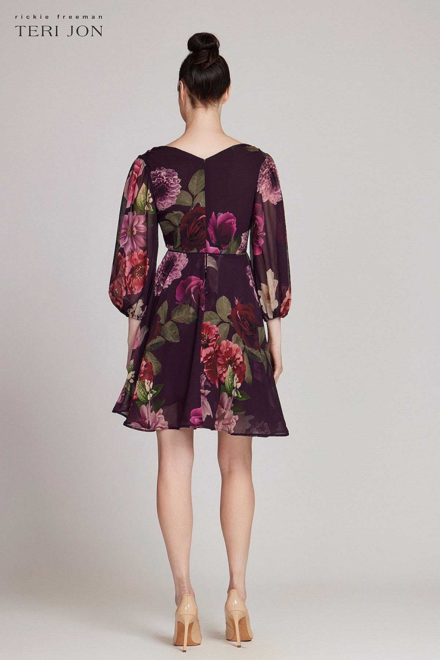 Clothing Teri Jon | Chiffon Floral Print V Neckline Empire Aline Dress Plum Multi