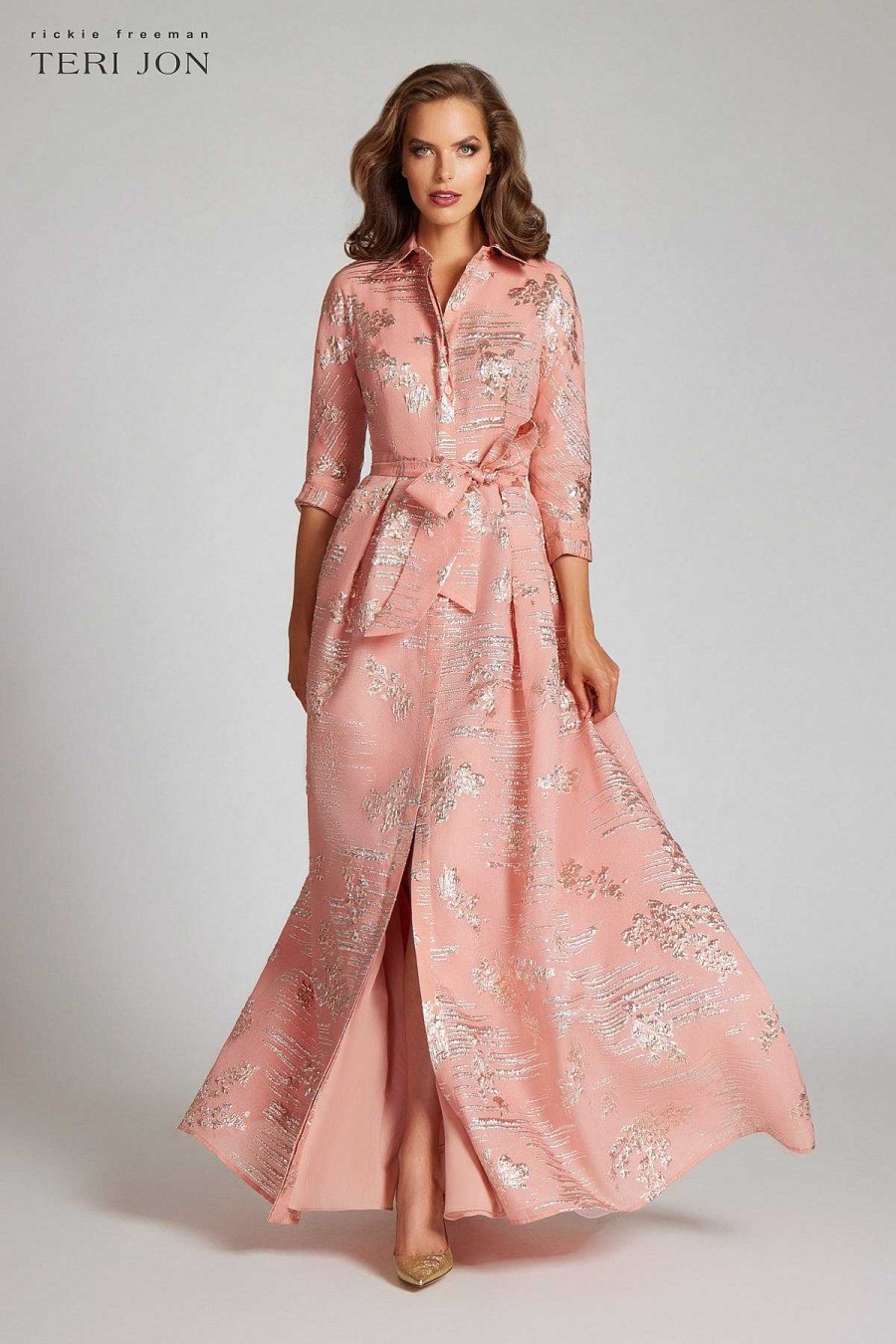 Clothing Teri Jon | Metallic Jacquard Organza Shirtdress Peach