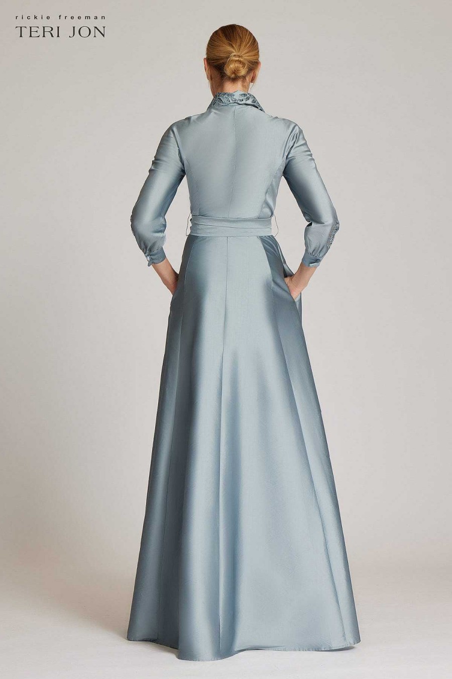 Clothing Teri Jon | Taffeta Shirtdress Gown With Eyelet Sleeve And Collar Slate