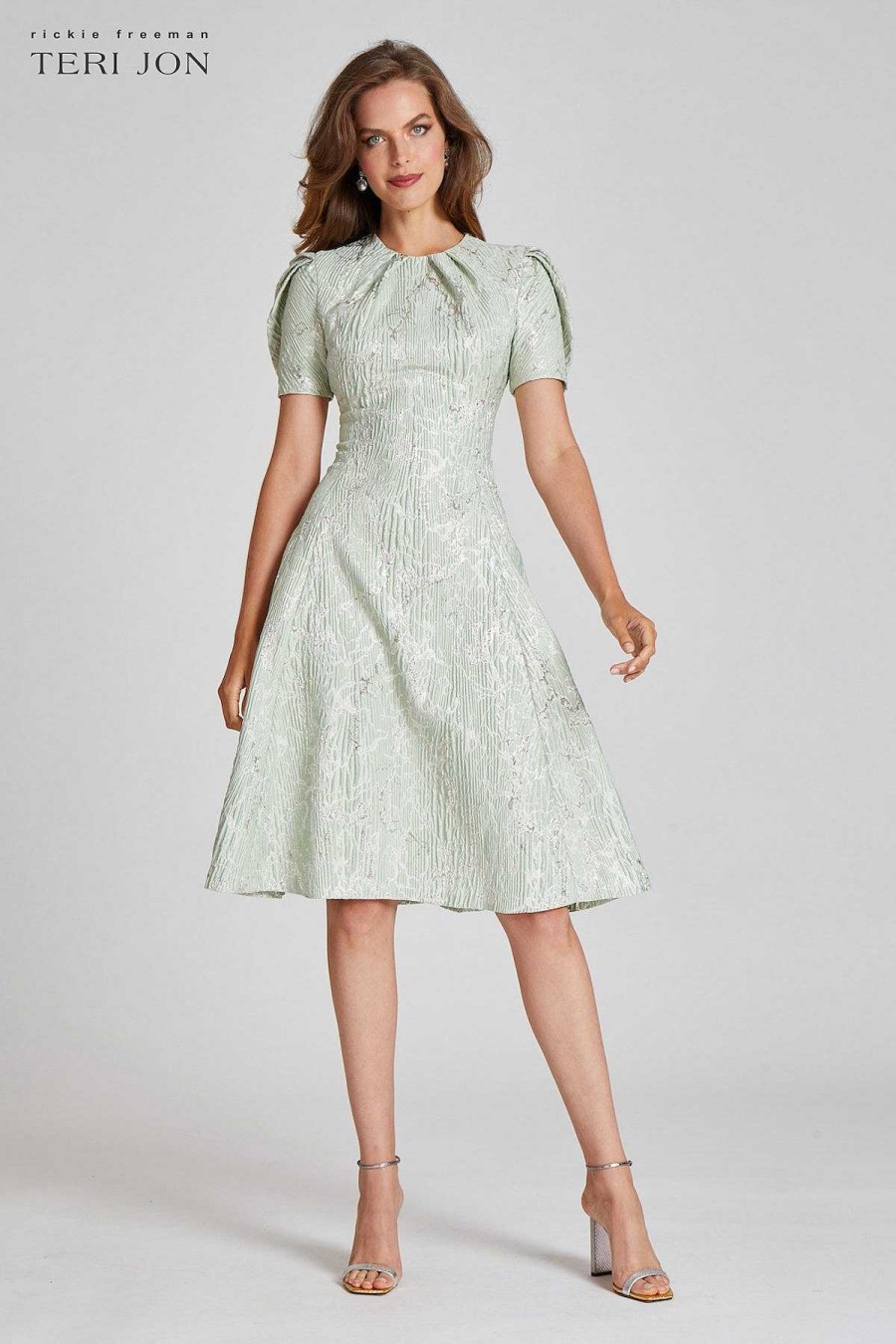 Clothing Teri Jon | Metallic Pattern Jacquard Fit N Flare Pleated Sleeve Dress Seafoam