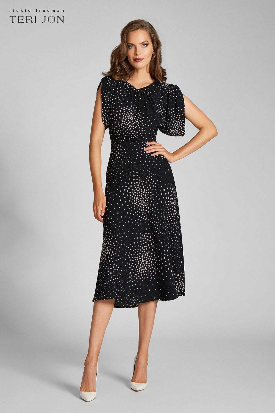 Clothing Teri Jon | Crepe Polka Tea Length Dress Black