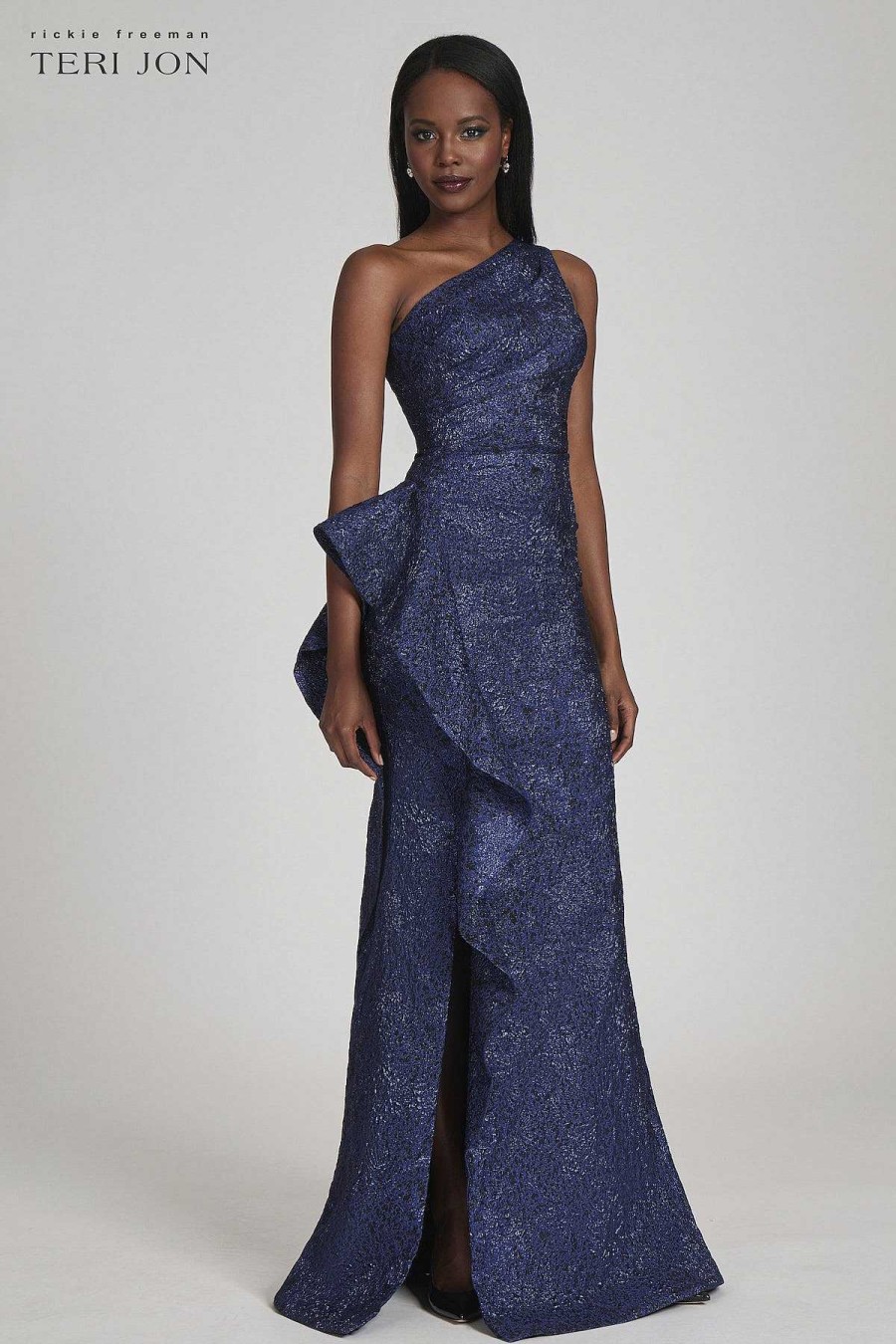 Clothing Teri Jon | Jacquard One Shoulder Side Ruffle Gown