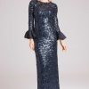 Clothing Teri Jon | Long Bell Sleeve Sequin Sheath Gown