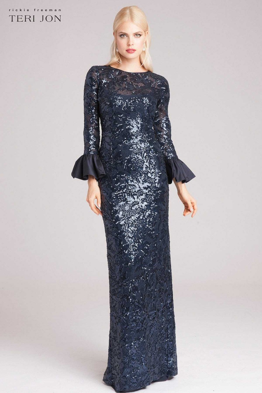 Clothing Teri Jon | Long Bell Sleeve Sequin Sheath Gown