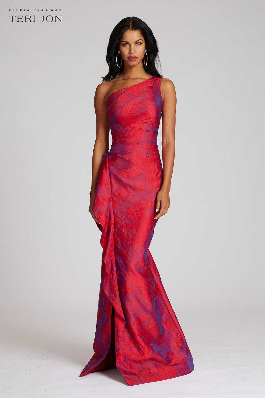 Clothing Teri Jon | Jacquard One Shoulder Ruched Side Peplum Print Gown Fuchsia/Red