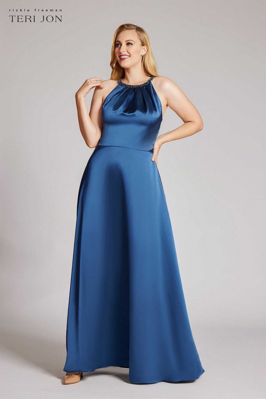 Clothing Teri Jon | Crepe Back Satin Jewel Neck Halter Gown French Blue