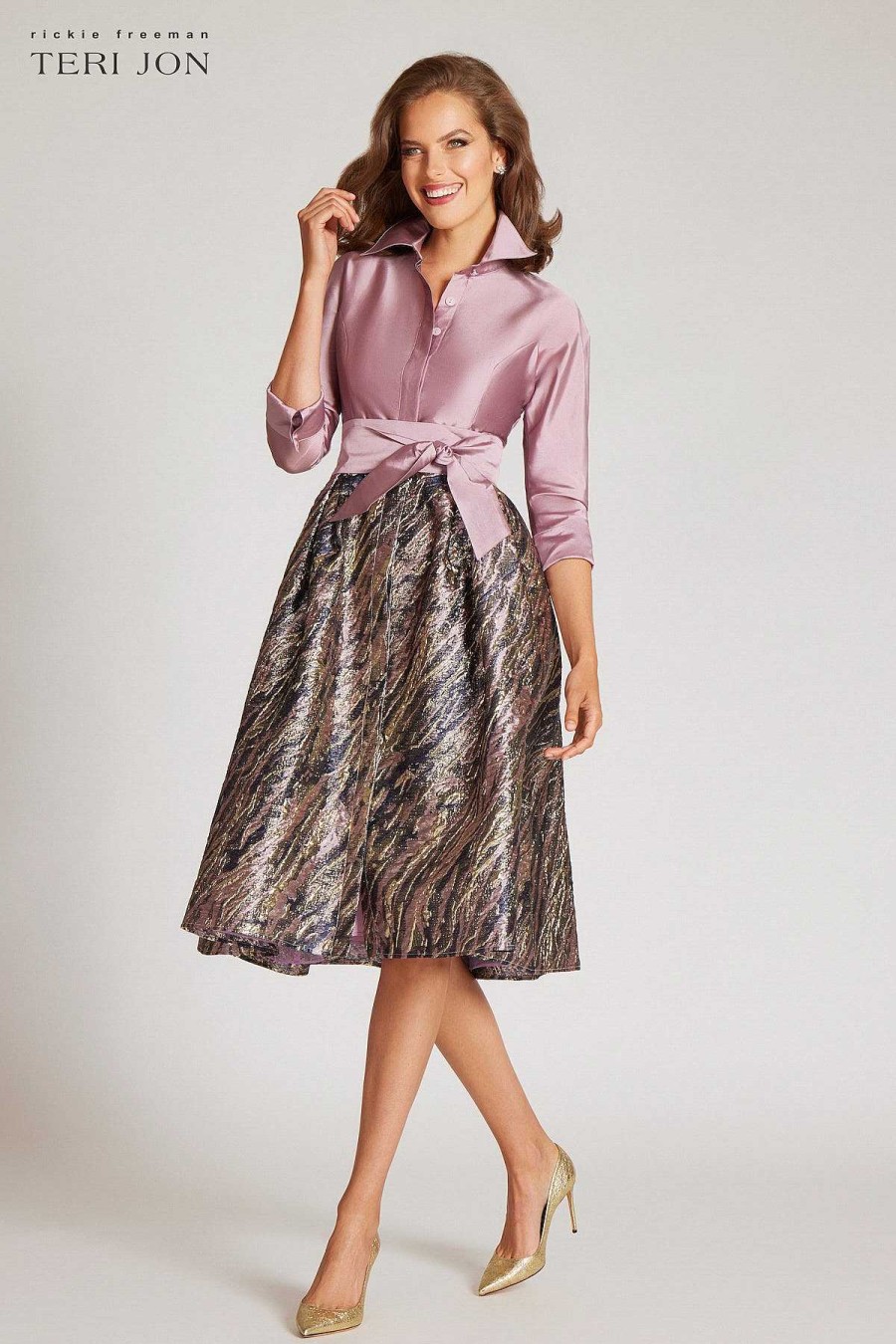 Clothing Teri Jon | Taffeta Shirt Dress With Metallic Jacquard Fabric Mauve Multi