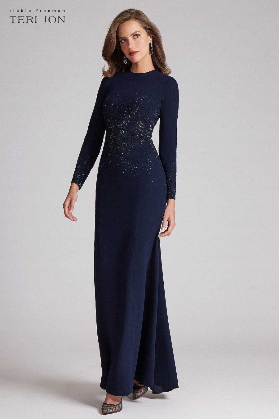 Clothing Teri Jon | Crepe Beaded Long Sleeve Gown Midnight