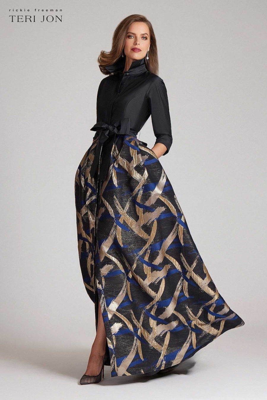 Clothing Teri Jon | Taffeta Shirtdress With Patterned Jacquard Skirt Black Multi