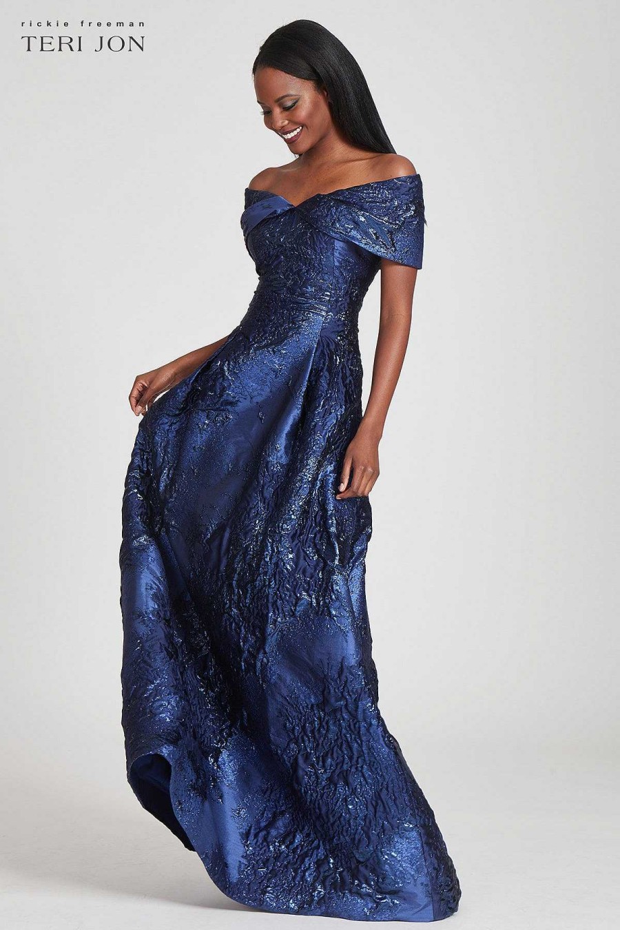 Clothing Teri Jon | Off Shoulder Textured Jacquard Gown