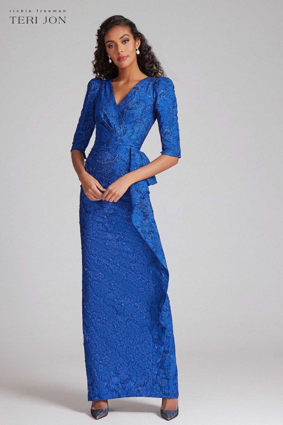 Clothing Teri Jon | Peplum Stretch Metallic Jacquard Gown Cobalt