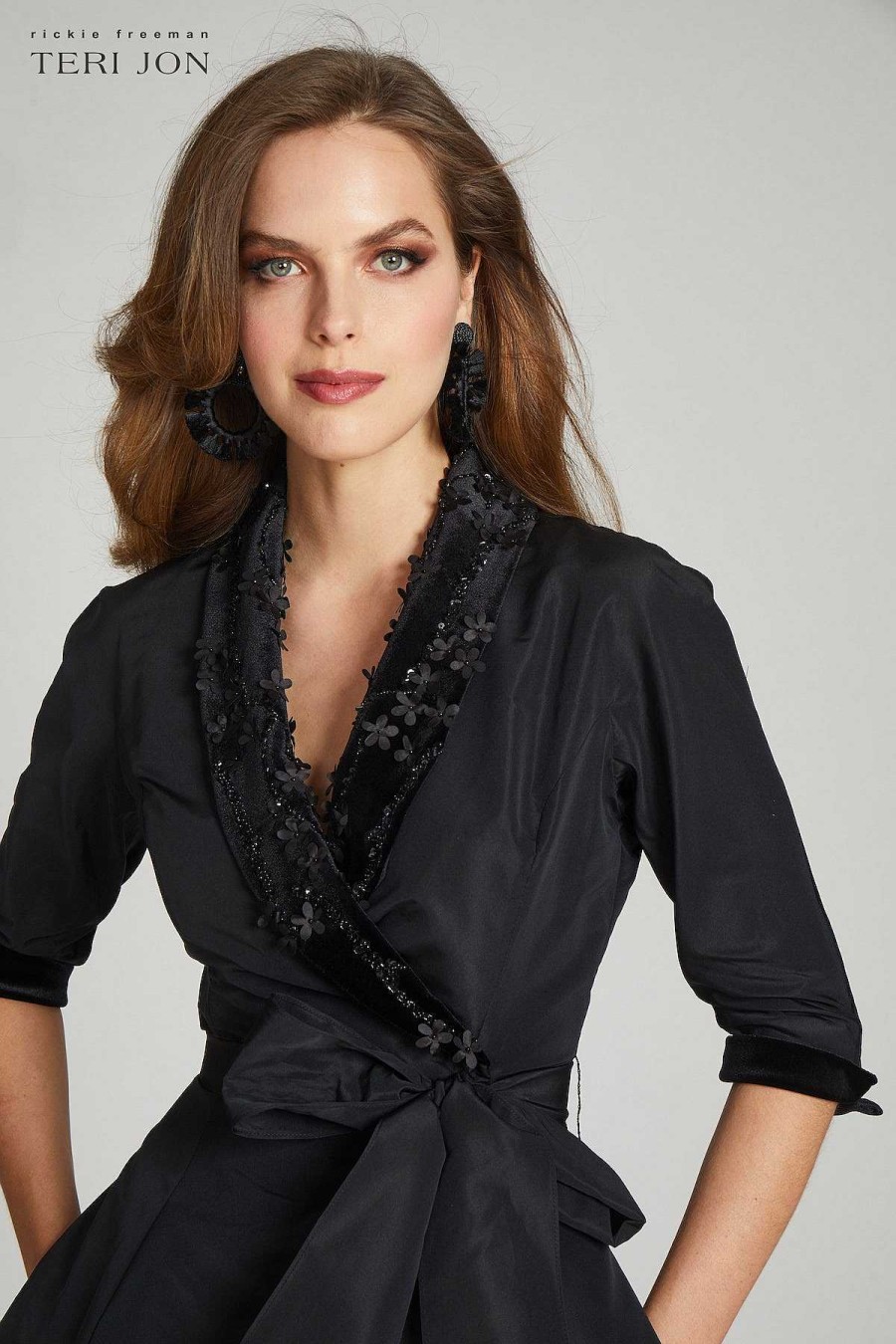 Clothing Teri Jon | Shirt Dress With Velvet Collar And 3D Florals Black