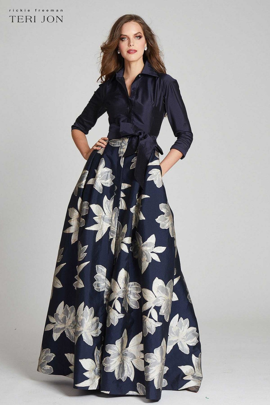 Clothing Teri Jon | Shirt Waist Jacquard Gown With Large Floral Print Skirt Navy Multi