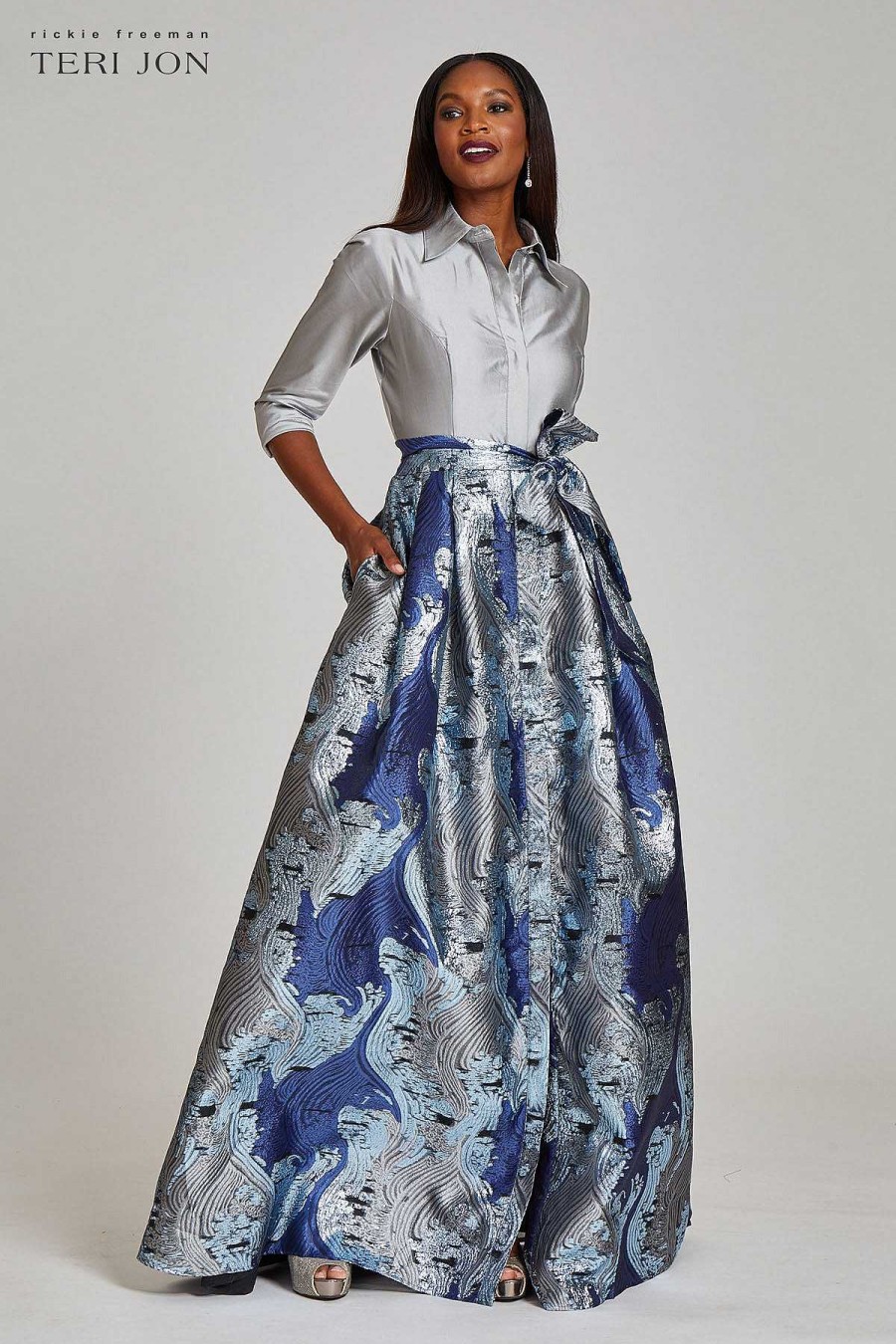 Clothing Teri Jon | Taffeta Shirt Gown With Abstract Organza Skirt Silver Multi