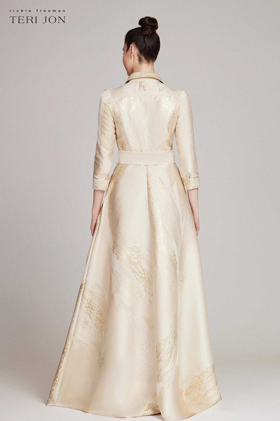 Clothing Teri Jon | Metallic Jacquard Shirtdress Gown Gold