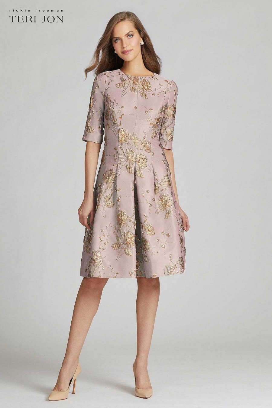 Clothing Teri Jon | Jacquard 3/4 Sleeve Aline Dress