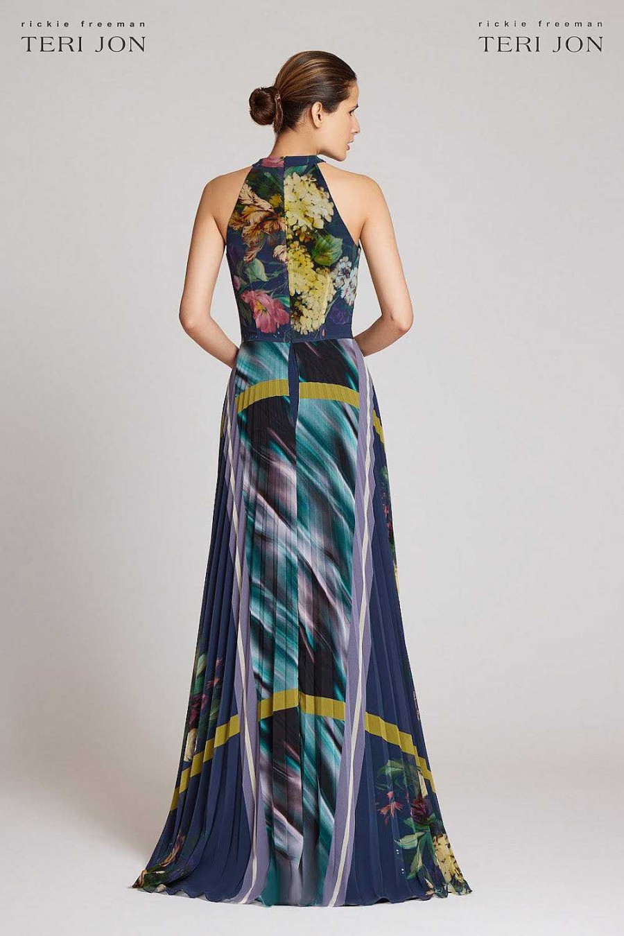 Clothing Teri Jon | Chiffon Large Floral Pleated Halter Gown Navy Multi