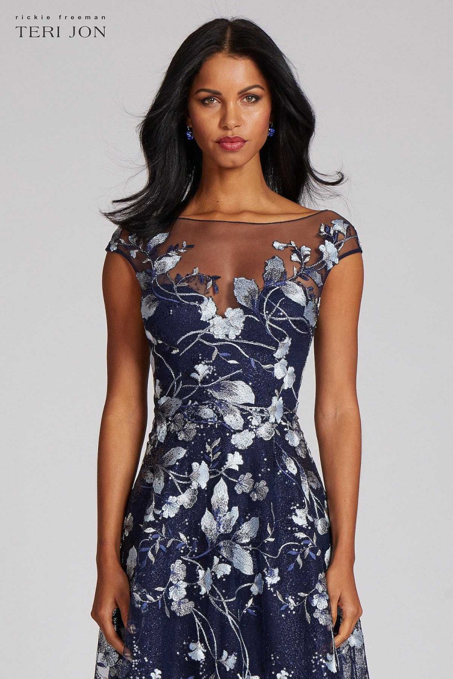 Clothing Teri Jon | Embroidered Lace Illusion Gown Navy/Silver