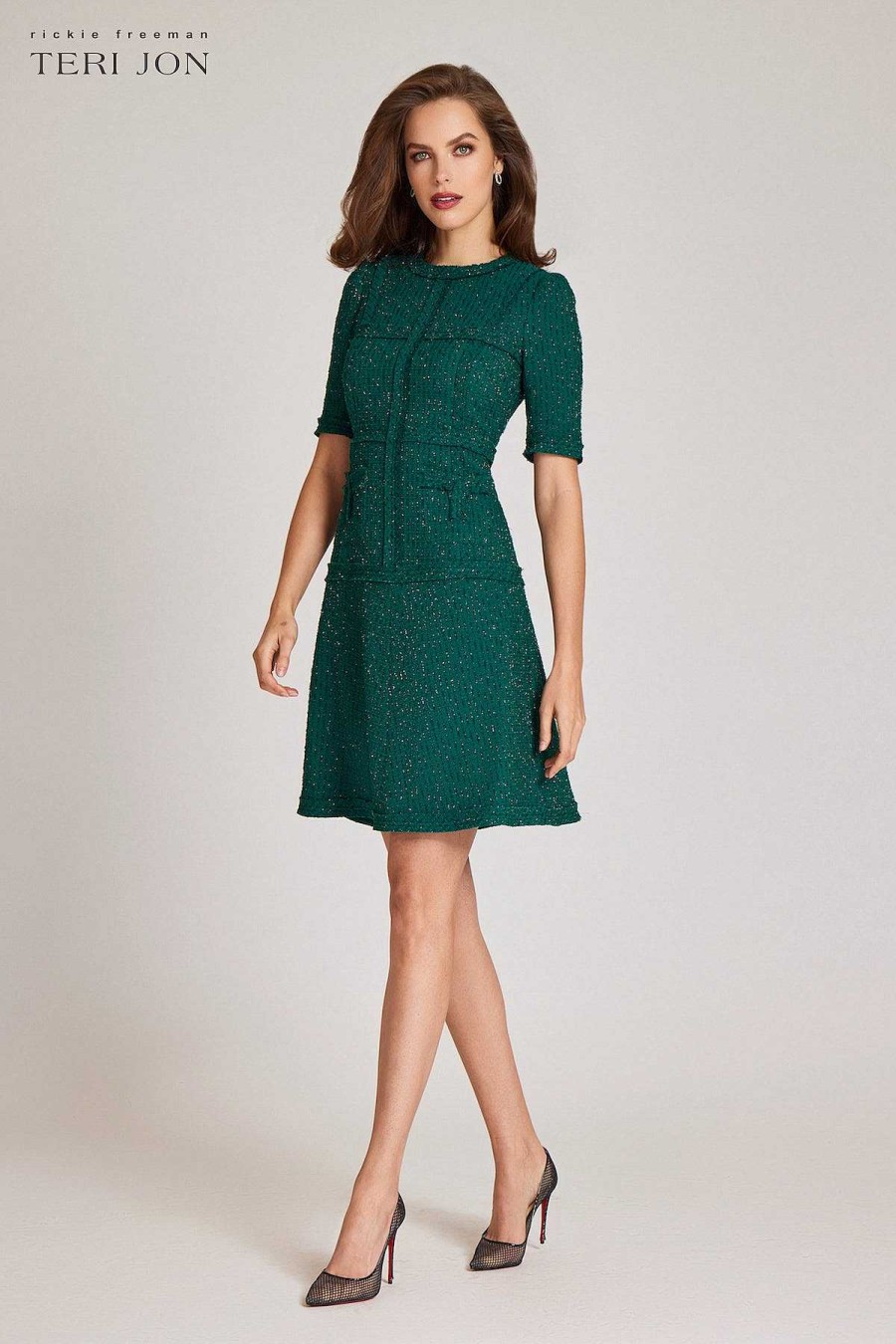 Clothing Teri Jon | Tweed Dress With Metallic Trim