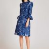 Clothing Teri Jon | Jacquard Floral 3/4 Sleeve Flounce Cuff Dress Blue Multi