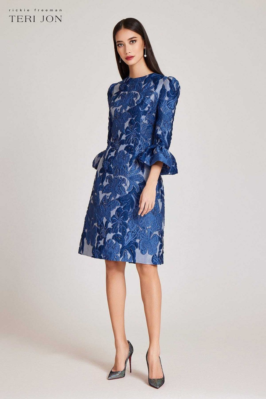 Clothing Teri Jon | Jacquard Floral 3/4 Sleeve Flounce Cuff Dress Blue Multi