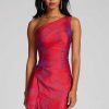 Clothing Teri Jon | Jacquard One Shoulder Ruched Side Peplum Print Gown Fuchsia/Red