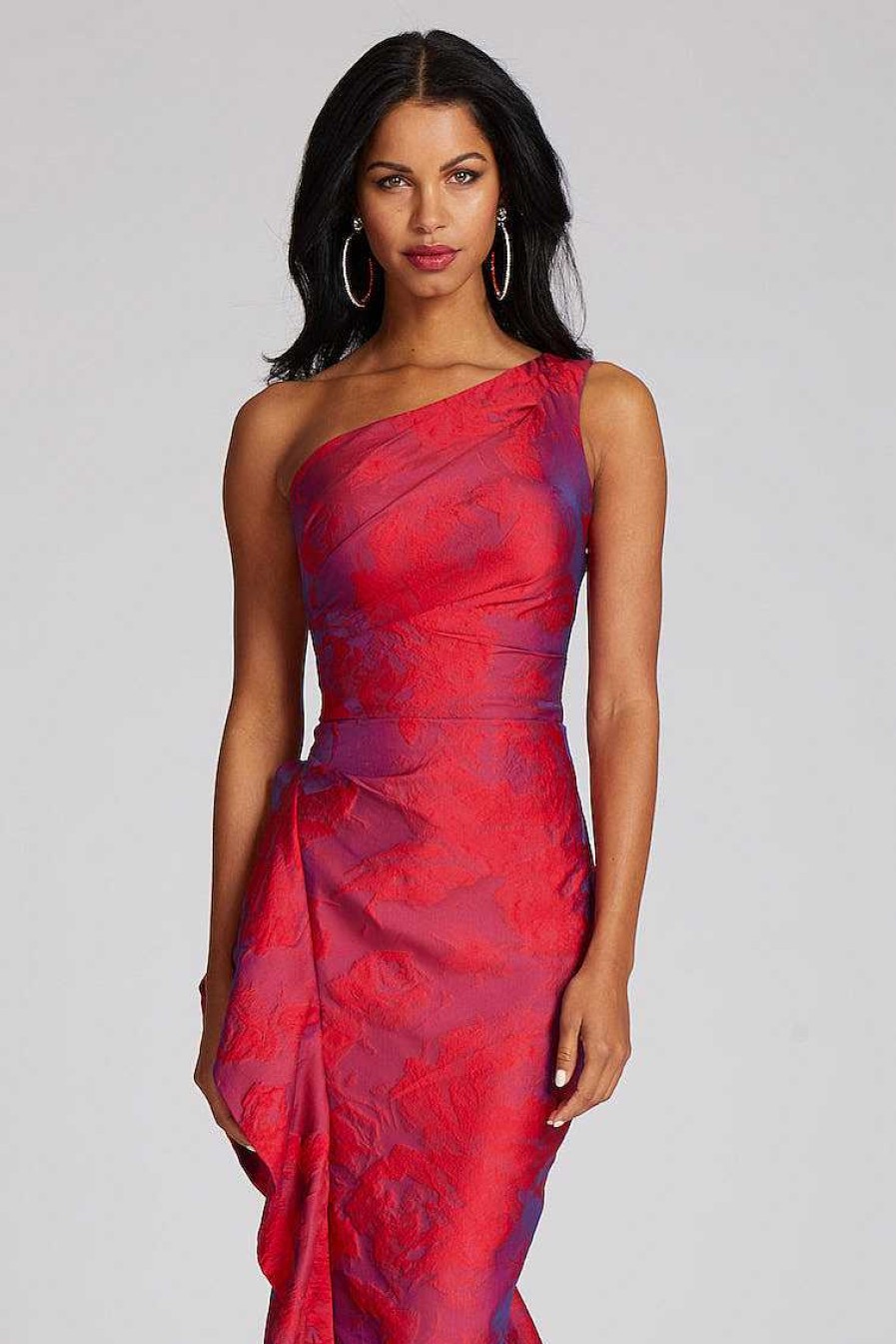 Clothing Teri Jon | Jacquard One Shoulder Ruched Side Peplum Print Gown Fuchsia/Red