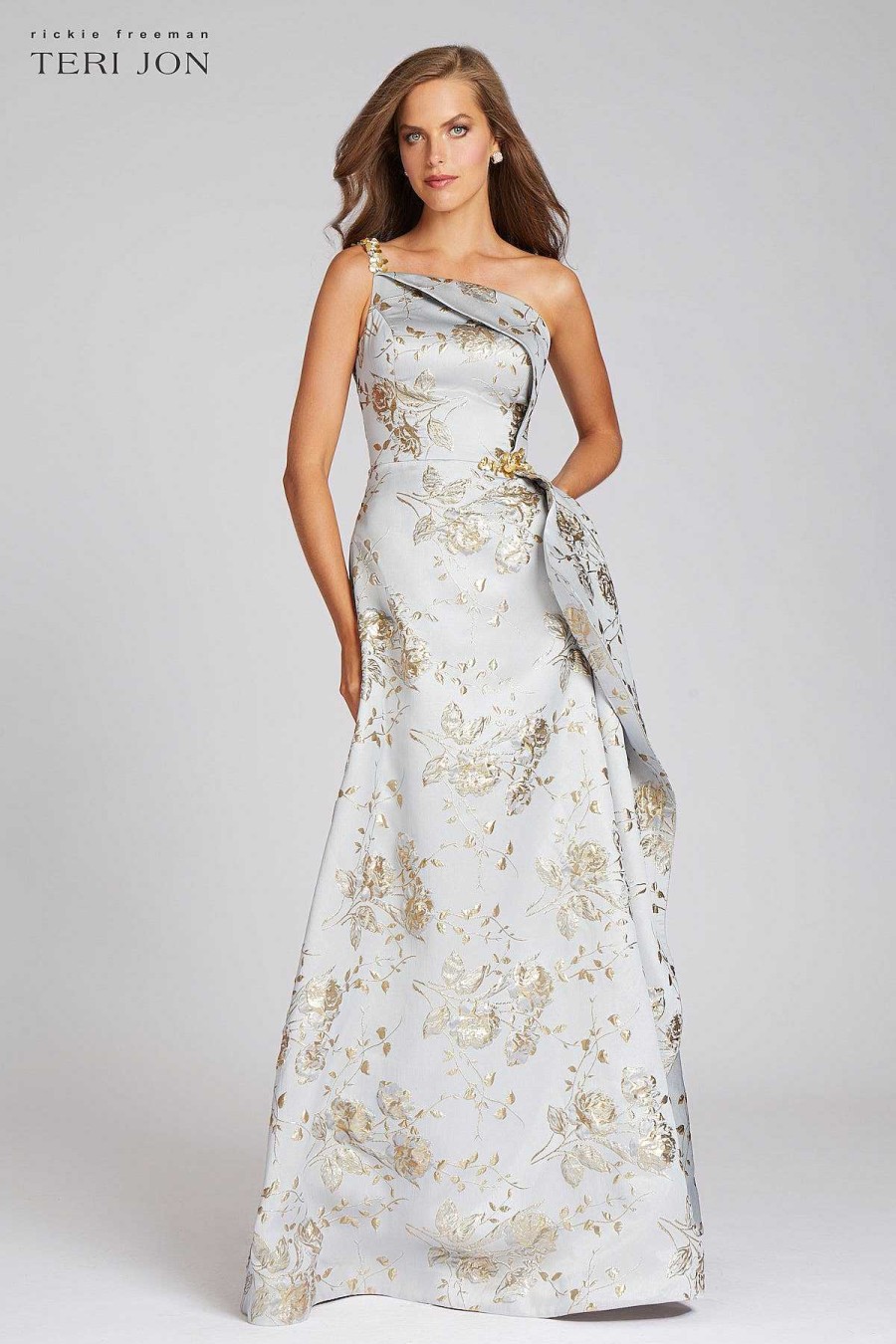 Clothing Teri Jon | Metallic Jacquard Beaded Gown Platinum Gold