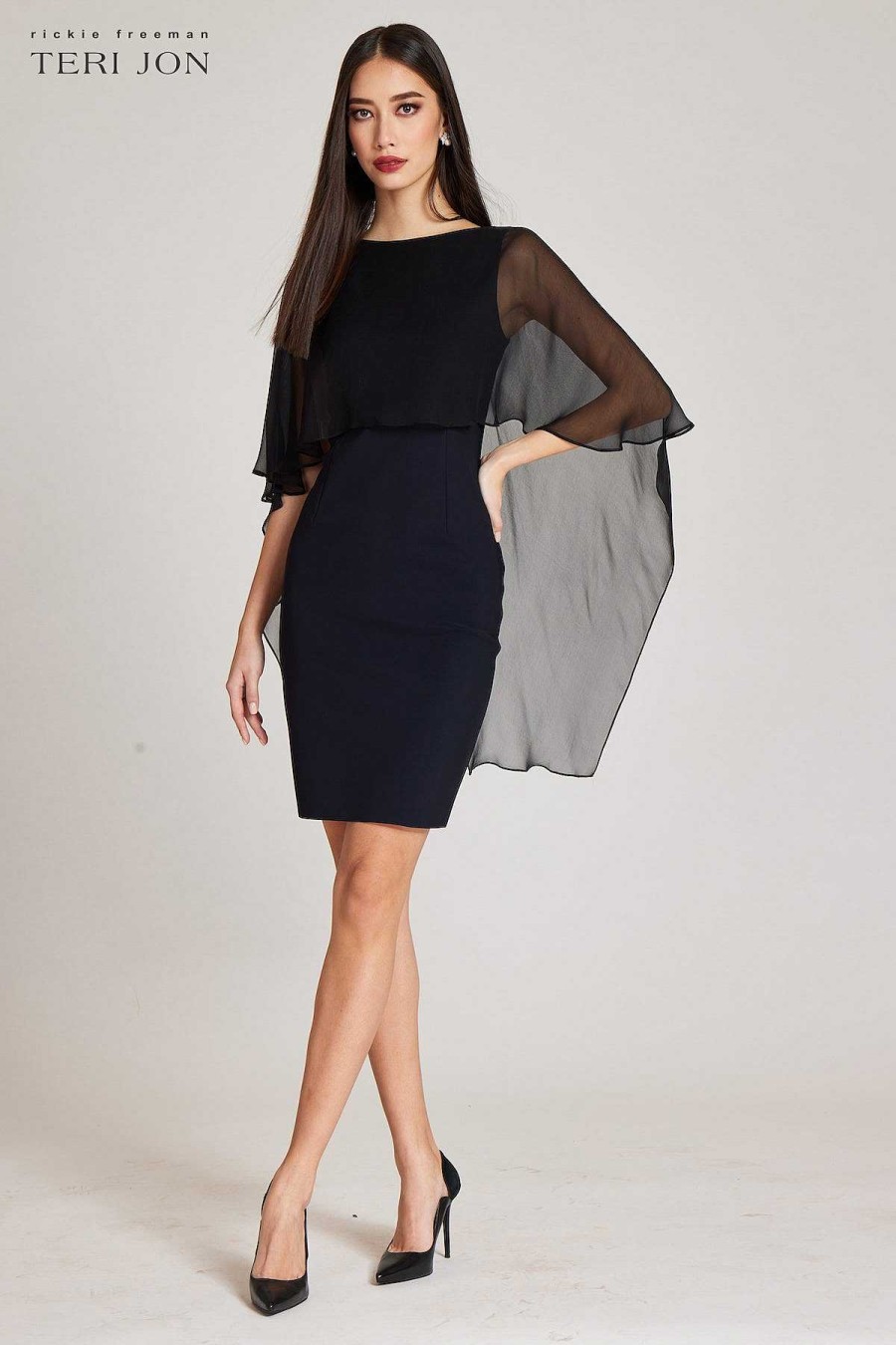 Clothing Teri Jon | Scuba Dress With Chiffon Caplet Black