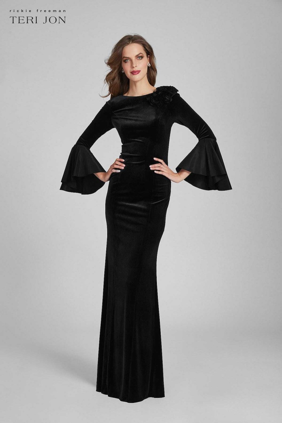 Clothing Teri Jon | Velvet Column Gown With Floral Applique Shoulder