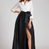 Clothing Teri Jon | Taffeta Shirt Waist Gown With Envelope Collar White Black