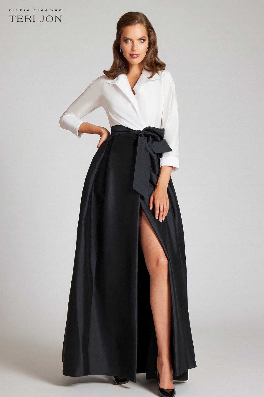 Clothing Teri Jon | Taffeta Shirt Waist Gown With Envelope Collar White Black