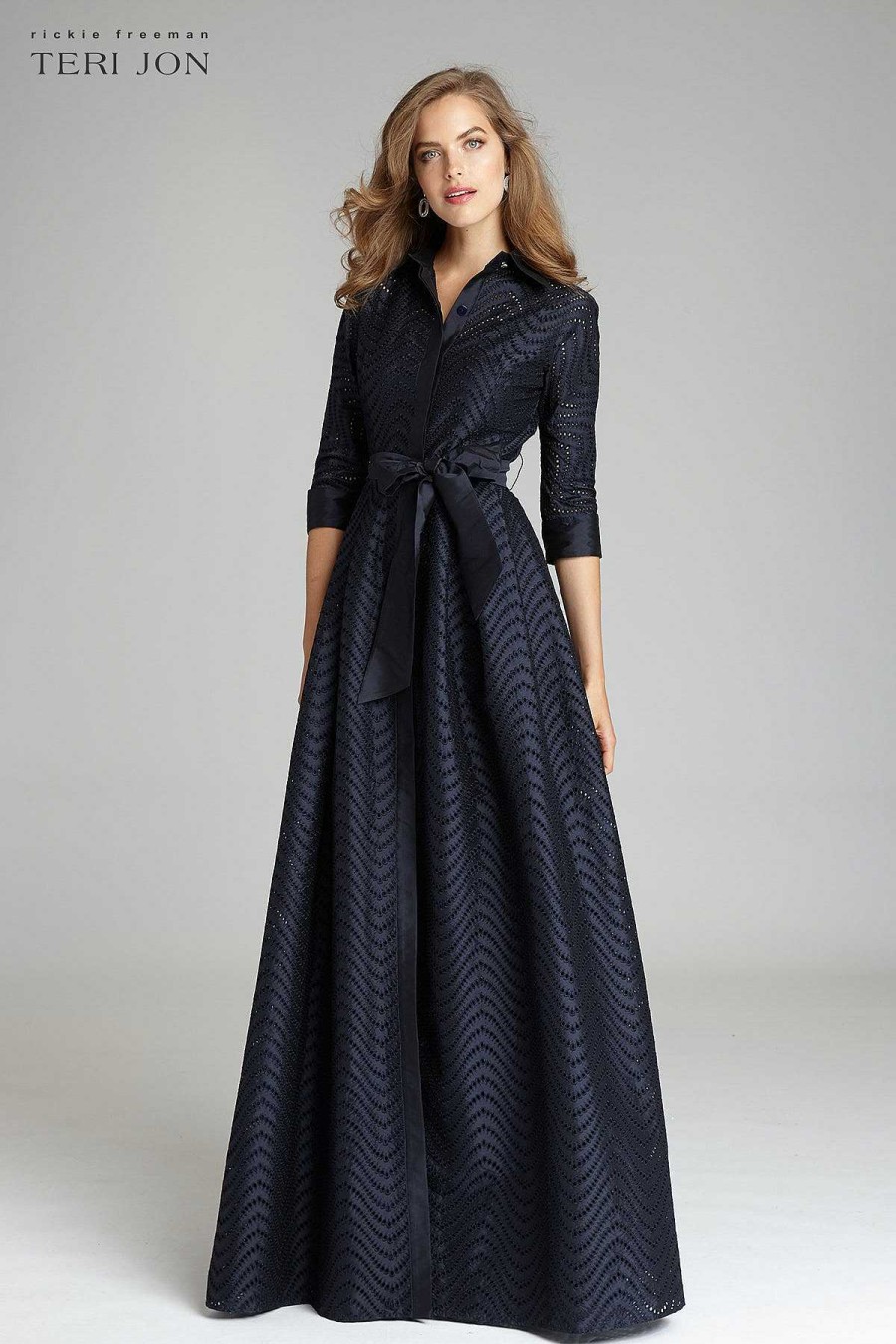 Clothing Teri Jon | Shirt Waist Taffeta Chevron Pattern Eyelet Gown